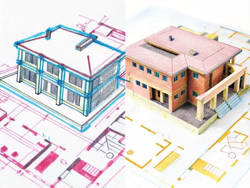 Сравнение традиционного чертежа и BIM-модели, демонстрирующее преимущества использования BIM в проектировании.